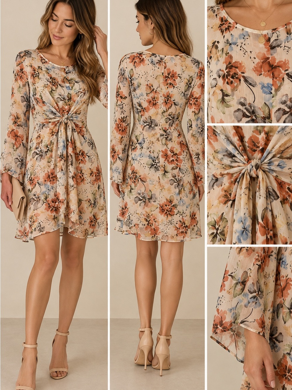 Lulu's Beige Floral Tie-Front Long Sleeve Dress